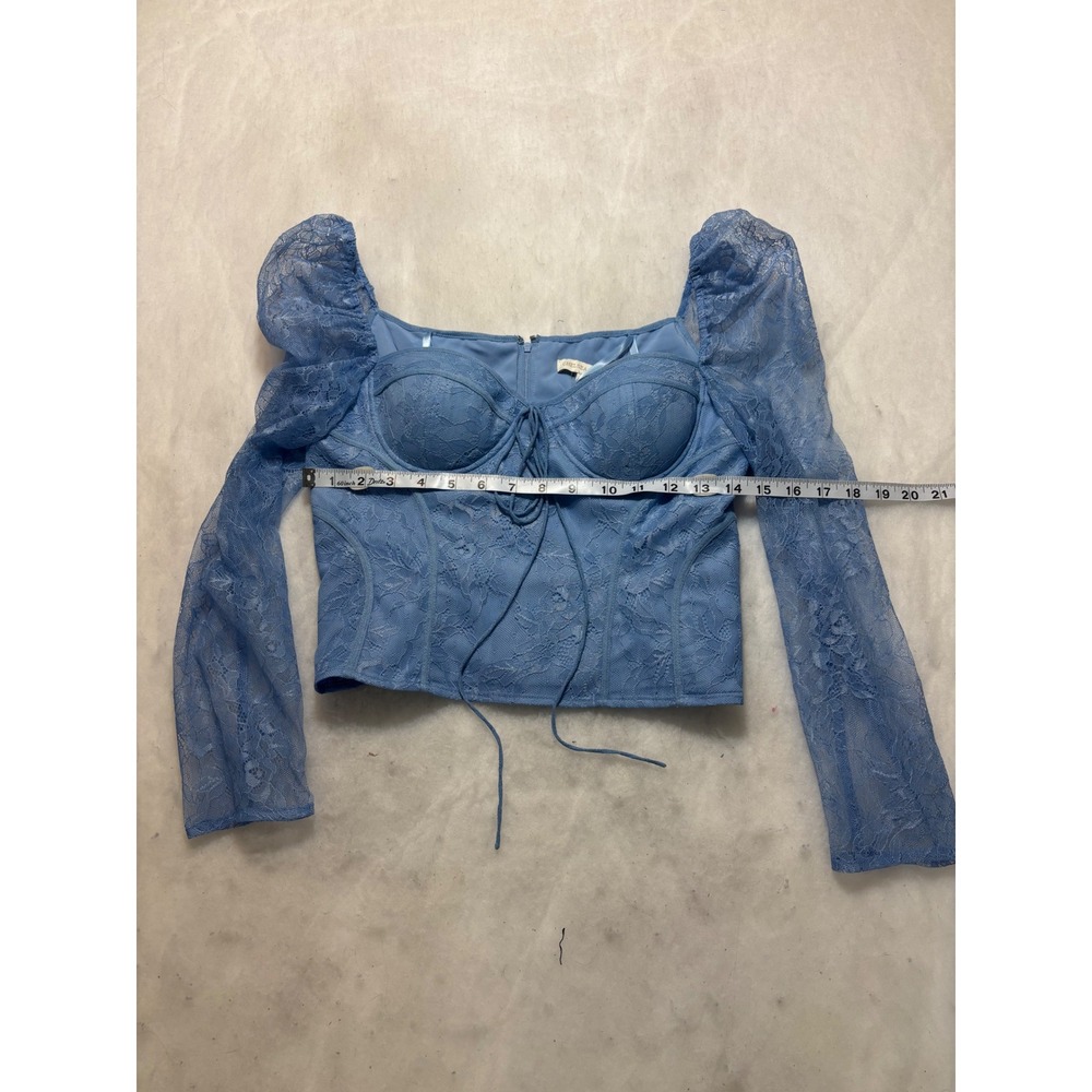 Chelsea & Violet Blue Lace Corset Top Long Puff Sleeve Sweetheart Size 4 NWT - Picture 6 of 13